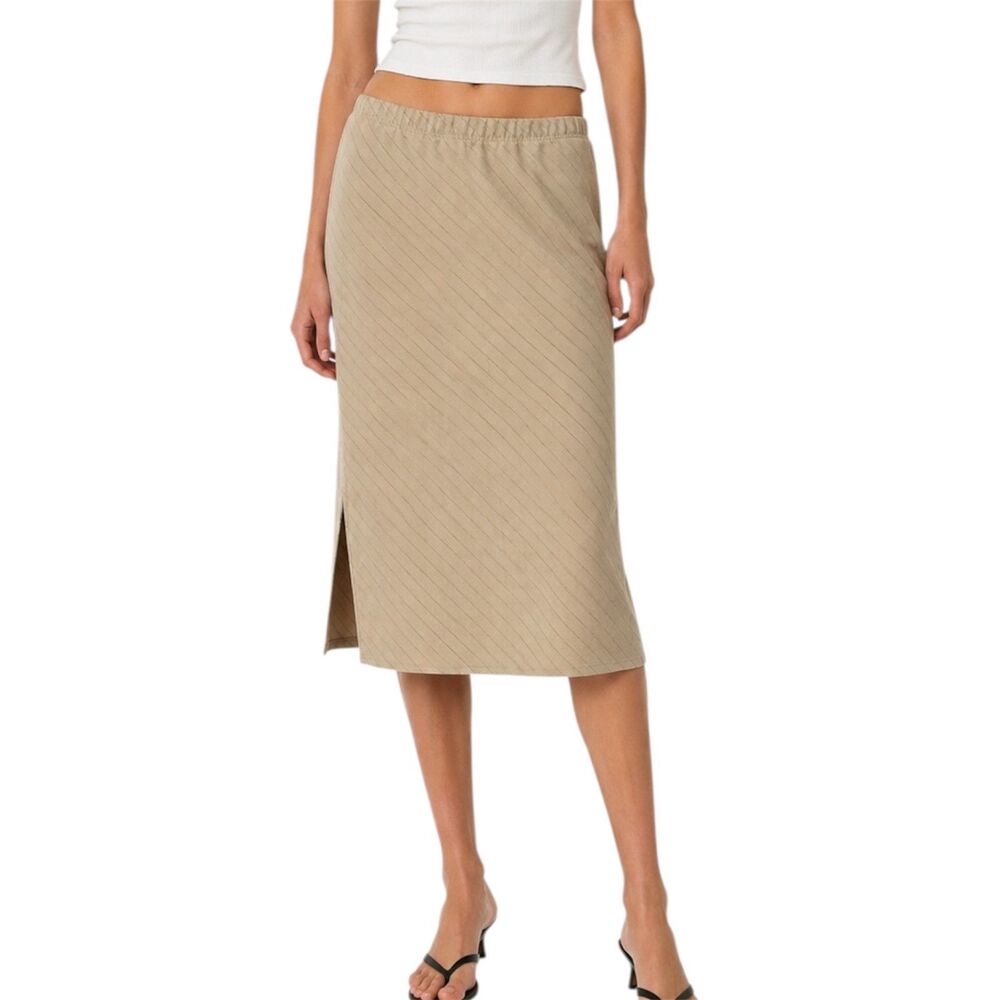 M Forgotten Grace Tan Pinstripe Midi Pencil Skirt 90s Office Siren